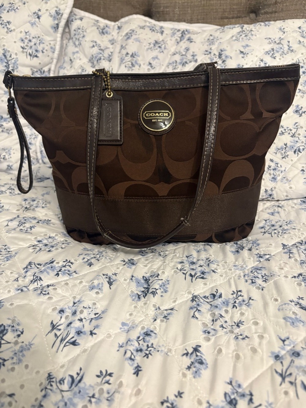 Coach Brown Signature Canvas Tote with Leather Trim
